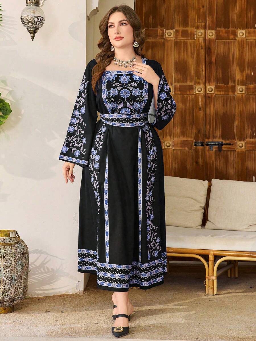 Al Najma Plus Size Women's Square Neck Flare Sleeve Casual Loose Floral Retro Print Dress - Multicolor - View 1