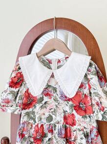 SHEIN Leap Crew Tween Girls' Color Block Peter Pan Collar Puff Sleeve Floral Print Long Dress - Apricot - View 4