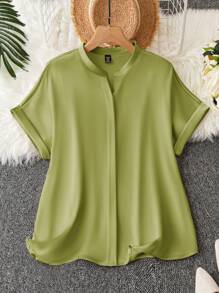 SHEIN Clasi Plus Size V-Neck Solid Color Elegant Business Formal Flowy Blouse - Green - View 1