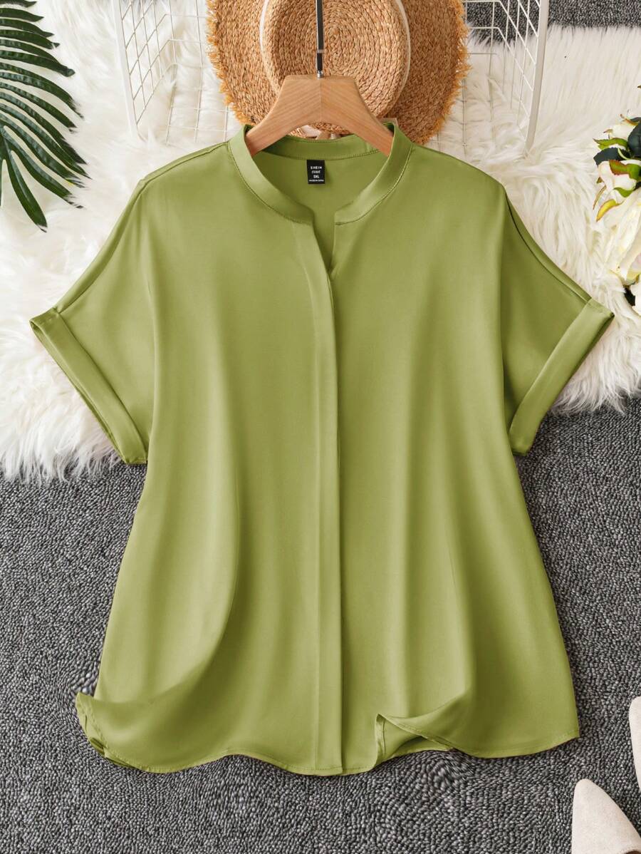 SHEIN Clasi Plus Size V-Neck Solid Color Elegant Business Formal Flowy Blouse - Green - View 1