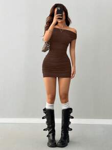 INAWLY 性感露肩褶饰修身迷你连衣裙