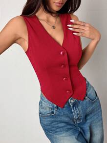 K-Vae Chaleco de mujer de punto ajustado de unicolor con cuello en V para otoño/invierno - Rojo - Ver 4