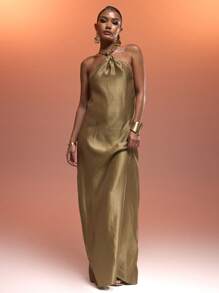 MUSERA 扭结前领露背缎面宽松长裙，性感伊比沙岛风情，适合春夏度假海滩，优雅婚礼宾客，秋季夜晚外出，优雅万圣节秋季派对，时尚夏季装扮 - 棕色 - 查看 4