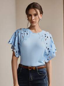 Anewsta Áo sơ mi nữ hở vai họa tiết hoa hiện đại thanh lịch, thích hợp cho ngày lễ tình nhân, kỳ nghỉ hè trên bãi biển, năm mới - Màu xanh nhạt - Xem 3