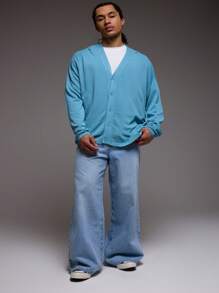 Musero 男士双层V领针织长袖上衣 - 淺藍色 - 查看 5