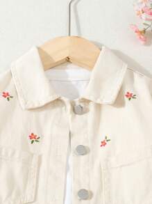 Elladie kids 女婴休闲可爱杏色和粉色花卉刺绣修身牛仔夹克，柔软面料百搭婴儿日常穿着 - 杏色 - 查看 3