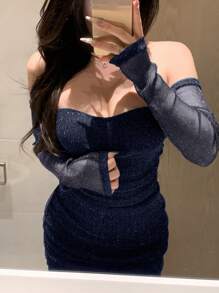 DAZY 女士性感露肩修身亮片迷你连衣裙，适合情人节、春夏派对、返校节、舞会等场合，亮片闪耀。 - 藏蓝色 - 查看 4