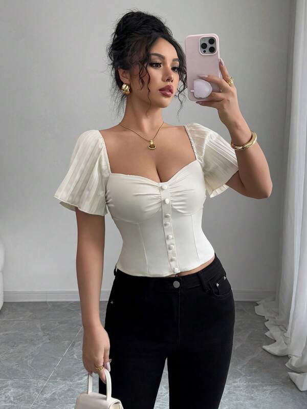 Elenzga Blusa elegante de manga corta con pliegues y cintura de corpiño para mujer