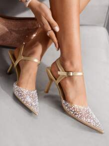 CUCCOO SZL Women's Pointed Toe High Heel Shoes, Fashionable Gold Rhinestone Sexy Transparent Glass Heel Backless Pumps - Gold - View 1