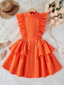 青少年女孩两件套春夏正装 - 亮橙色荷叶边盖袖衬衫和双荷叶边下摆半身裙套装 - 珊瑚橙 - 查看 6