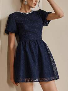 Anewsta 时尚优雅的女士蕾丝泡泡袖收腰珍珠装饰中长连衣裙，适合节日、外出、度假装、春夏季 - 寶藍色 - 查看 6