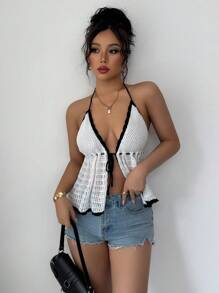 Elin Vora 全新夏季女式无袖细肩带背心，欧美风格，抽绳休闲针织背心 - 黑與白 - 查看 7