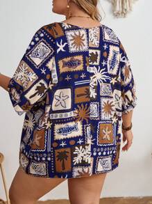 SHEIN CURVE+ Plus Size Women's Front Lace Up Spring/Summer Vacation Printed Shirt With Tie Boho Vacation