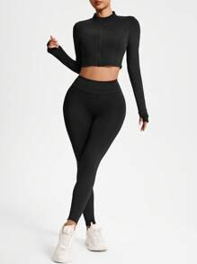 SHEIN Sport Studio Vintage Stylish Simple Long Sleeve Crop Top With Zipper, Casual Stand Collar Fashion Versatile Outerwear, Elegant Slimming High Waist Elastic Tight Bodycon Fitness Two-Piece Set