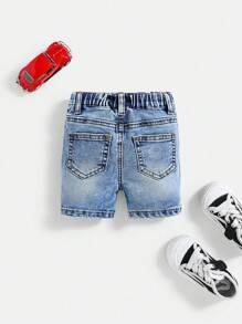 SHEIN Baby Boys Summer Casual Soft Washed Cat Whiskers Snug Fit Blue Denim Shorts, Baby Spring/Summer Clothes Spring Break Outfit Daily Wear Outfits - Light Wash - View 2