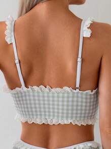 2 件套女士绿色格子随机花卉印花蝴蝶结领荷叶边下摆上衣和短裤套装，可爱简约背心比基尼套装，适合日常穿着 - 彩色 - 查看 4