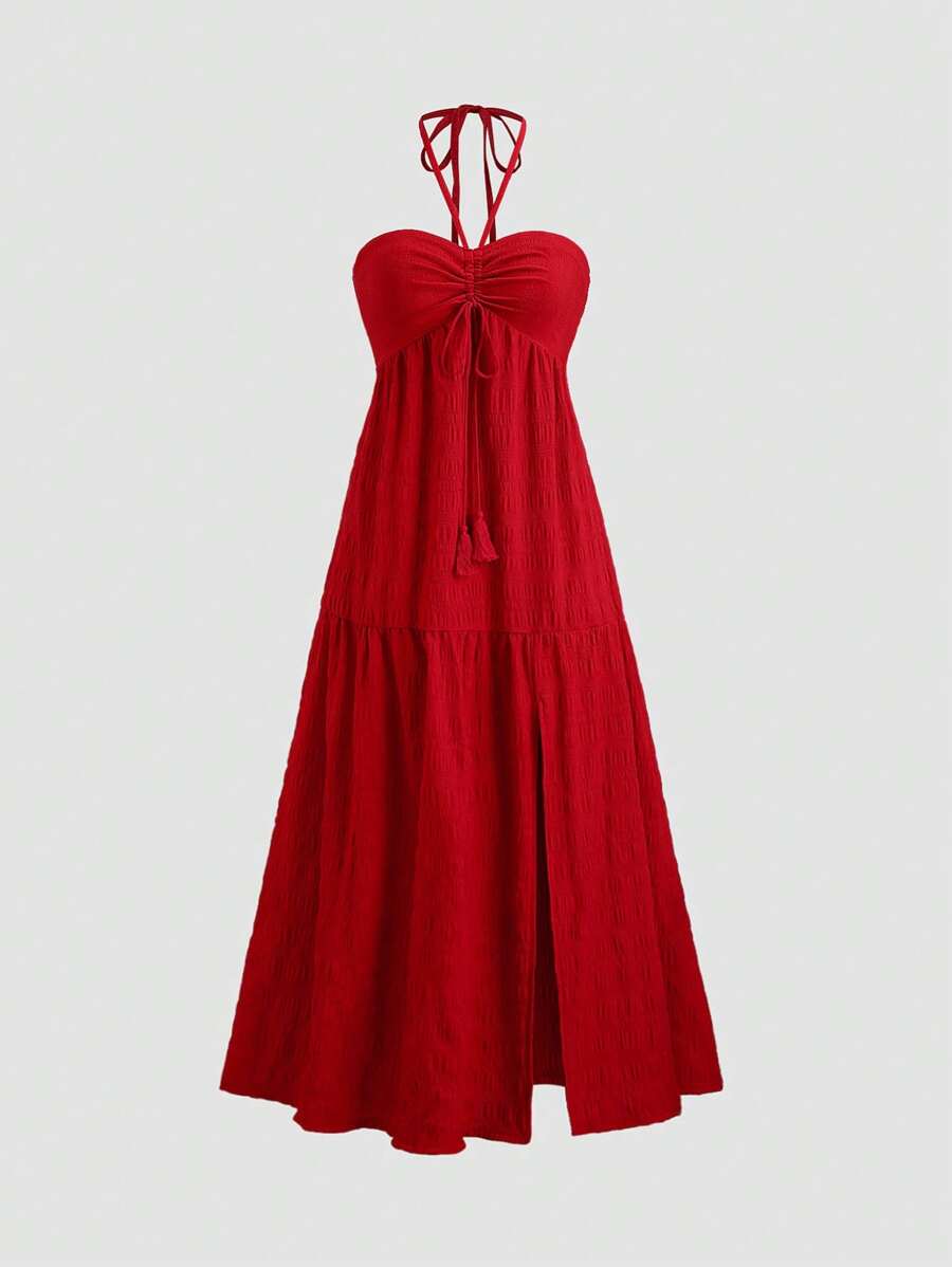 Sweetra 女装连衣裙欧美春夏款新款系带露肩无袖露肩迷人红色露背开衩纹理面料适合度假休闲派对喜庆 - 紅色 - 查看 1