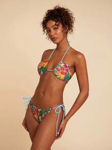 Travachic Tropical Print Halter Neck Bikini Top - Blue - View 4