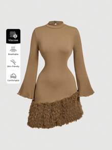 SHEIN MOD Black Asymmetric Hem Puff Sleeve Fuzzy Panel Long Sleeve Dress For Date & Party,Formal Dress,Fall Women Dresses,Cruise Women Outfits,Halloween Clothes,Goth,Corpse Bride,Dinner Outfit,Birthday Women Outfits,Homecoming Dresses,Renaissance Dress,Black Long Sleeve Dress