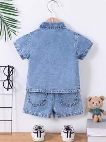 SHEIN Ensemble décontracté d'été pour bébé garçon, jeans bleu clair délavé