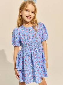 SHEIN Young Girls Light Blue Background White & Pink Floral Green Leaves Print Round Neck Woven Dress, Spring/Summer - Multicolor - View 5