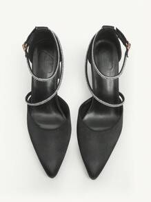 CUCCOO CHICEST Women's Fashion Black Satin Rhinestone Wrapped Ankle Strap Pointed Toe Chunky High Heel Pumps, Suitable For Commuting, Dates, Parties, Shopping, Holidays - Black - View 4