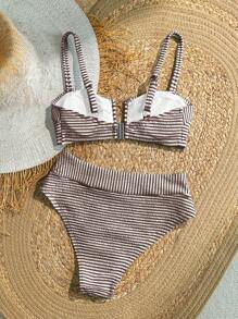 SHEIN VCAY 加大码女式条纹印花比基尼套装，适合海滩度假