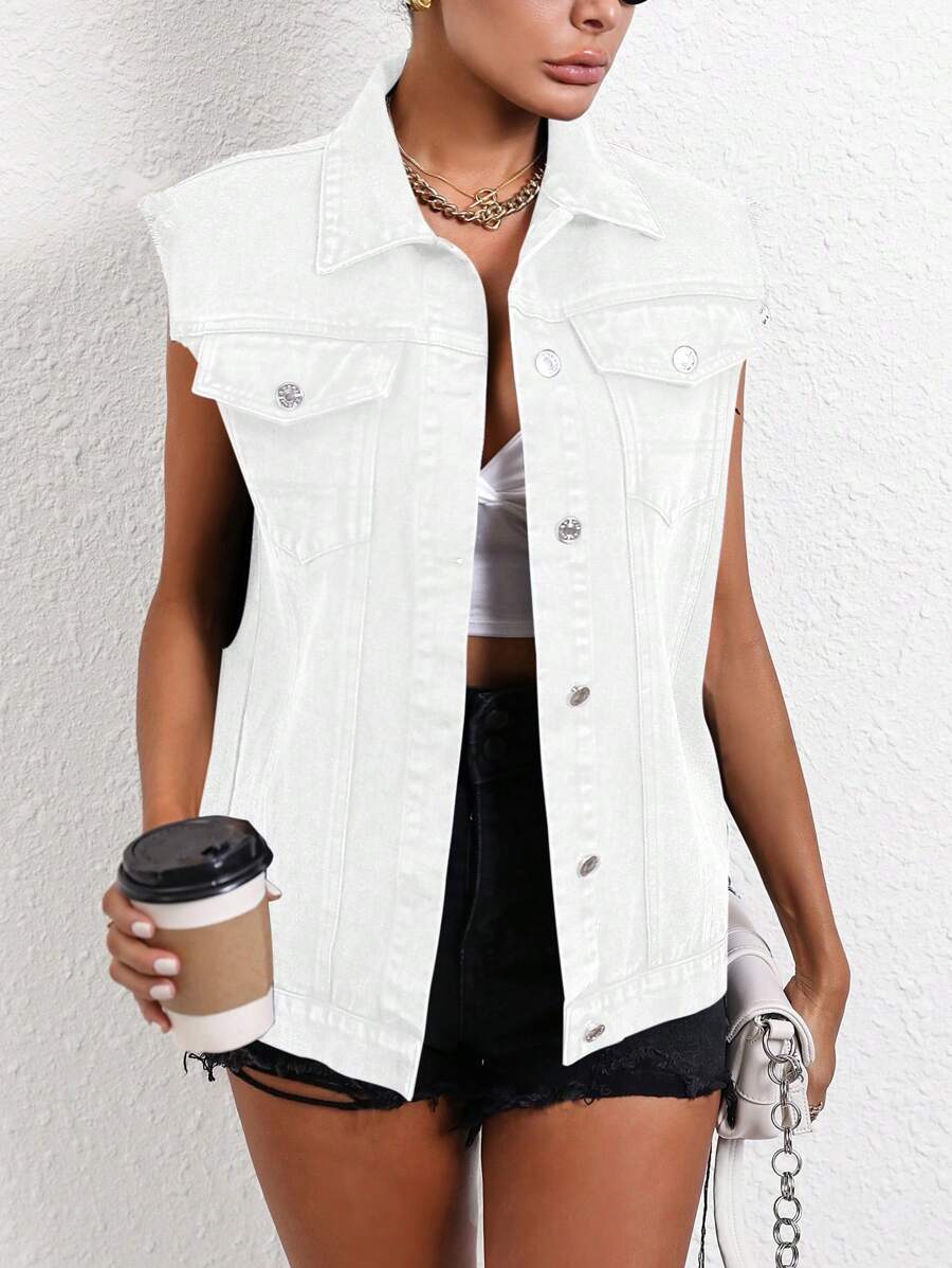 SHEIN LUNE Chaleco/chaqueta vaquera casual, versátil y de unicolor simple - Blanco - Ver 1