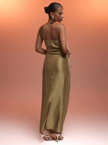 MUSERA Bandeau Extreme Multi Cut Out Ring Detail Satin Fitted Maxi Dress Sexy Ibiza Fits Spring Summer Vacation Beach Christmas New Year Thanksgiving   Winter