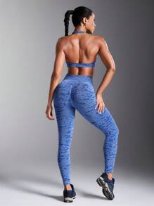 Powerista Bộ đồ thể thao áo ba lỗ hở lưng cổ xoắn và quần dài liền mạch cho nữ - Màu xanh lam - Xem 2