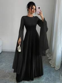 Elenzga Váy nữ thanh lịch lãng mạn cổ tròn vải chắp vá xếp ly eo chữ A - màu đen - Xem 1