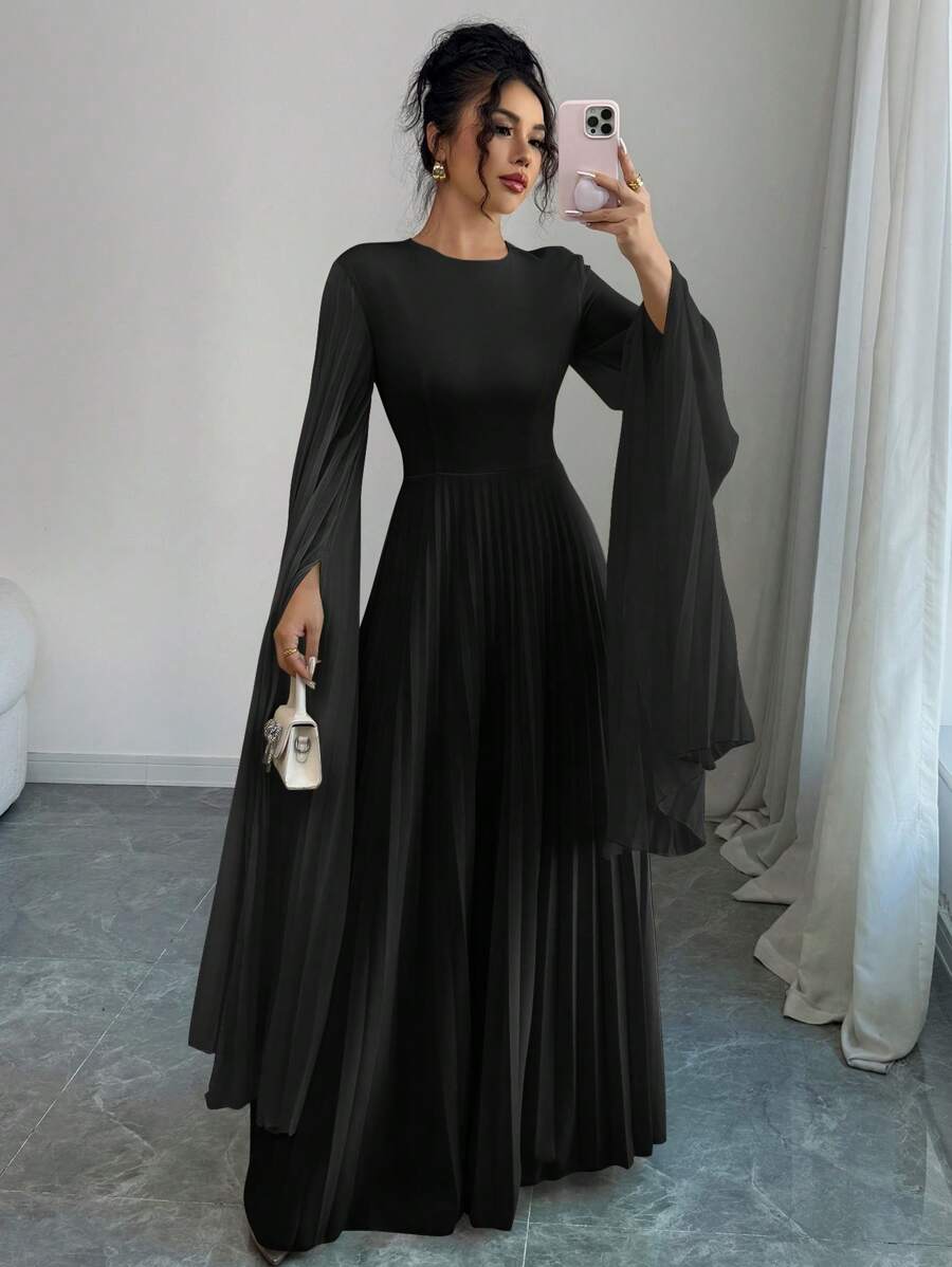 Elenzga Váy nữ thanh lịch lãng mạn cổ tròn vải chắp vá xếp ly eo chữ A - màu đen - Xem 1