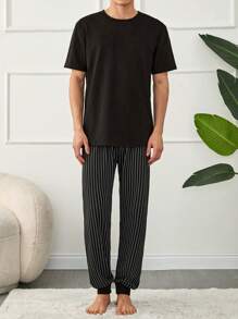 RueChic Men Stripe Printed Regular Shortsleeve Homewear Set - Grey - View 6