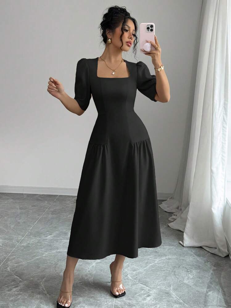 Elenzga Women's French Elegant Workwear Vacation Square Neck Waist Split Design Ruffled A-Line Long Sleeve Dress, Spring & Summer - Black - View 7