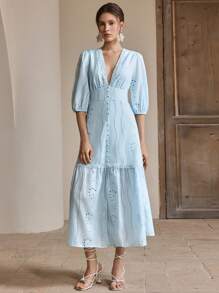 Anewsta 纯色V领开衩蕾丝镂空刺绣优雅度假长裙，适合春季、情人节、夏季沙滩女春装 - 淺藍色 - 查看 7