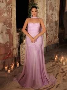 Glamrae 优雅的薰衣草色闪光流动网眼露肩褶饰高腰修身美人鱼尾拖尾后背可调节系带露肩多功能晚礼服、派对礼服、婚礼宾客礼服、正式礼服、晚礼服