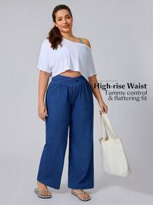 SHEIN Essnce Cross Waist Casual Versatile High Stretch Knit Baggy Jeans - Dark Wash - View 9