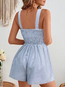SHEIN VCAY Linen,Loose Striped Woven Casual Jumpsuit With Spaghetti Straps For Women, Vacation Style, Summer - Blue - View 2