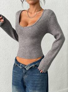 INAWLY Women Solid Color Long Sleeve Slim Fit Knit Top, Versatile Fall Winter Cloth For Women - Grey - View 6