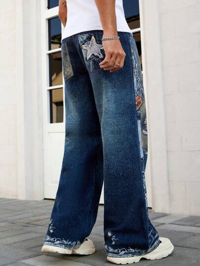 Grunge Punk Jeans casuales y versátiles de pierna ancha y holgados con diseño pentagonal para hombres