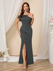 SHEIN Belle Women Solid Color Off-Shoulder Split Hem Elegant Party Dress, Women Elegant Dress, Evening Gown, Wedding Guest Dress, For Cocktail
