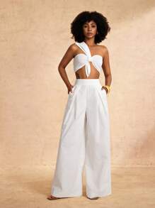 Neuer Frühlings- und Sommer-Lässig- und eleganter Urlaubs-Einschulter-Knoten-Design-Crop-Top mit breitem Bein Superweite Hose Weiß Gewebt Damen Zweiteiler-A