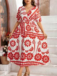 Breezaya Robe empire à manches courtes, col cranté, imprimé floral et couleur unie, pour femmes grande taille. Convient pour les vacances - Rouge - Voir 3