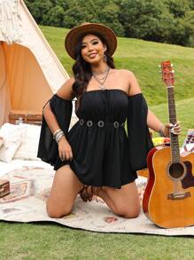 SHEIN LUNE Plus Size Women's Solid Flared Sleeve Off Shoulder Jumpsuit - Black - View 1