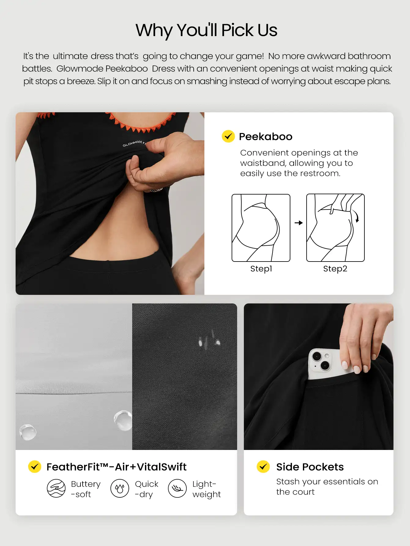 GLOWMODE X Nature Dream Bali FeatherFit™-Air Sweat-Wicking Quick-Dry Peekaboo Water Drop Cutout U-Back Activewear Dress With Built-In Shorts Side Pockets Non-Slip Grips Low Impact Yoga Pilates Studio Daily Casual Wear - Black - View 2