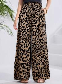 SHEIN 少女雪纺阔腿豹纹裤，休闲优雅，适合度假、休闲和百搭 - 彩色 - 查看 3