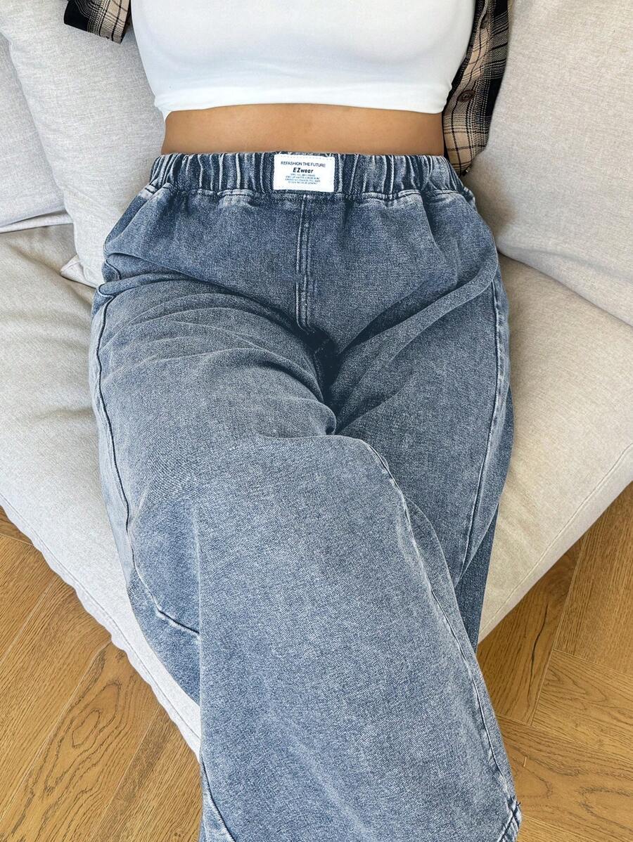 SHEIN EZwear 大码休闲宽松松紧腰阔腿牛仔裤，黑色 - 淺色水洗藍 - 查看 1