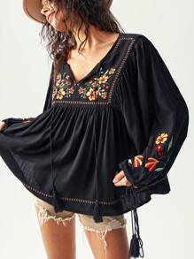 Bohemela Blusa de mujer de manga larga y cuello en V lisa y tejida para vacaciones