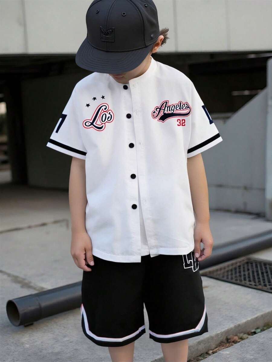 SHEIN Tween Boys Stylish Letter Print Casual Loose Baseball Jacket & Sports Shorts 2 Pieces Set, Street Fashion, Summer - White - View 1