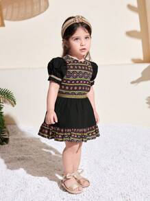 SHEIN Babygirl 可爱几何印花短袖上衣和迷你裙套装，夏日度假 - 黑色 - 查看 4